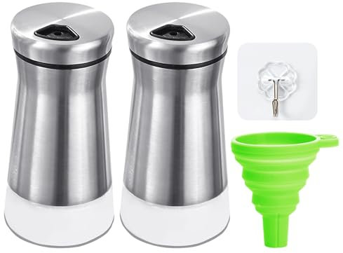 2 salières et poivrières, 1 entonnoir, 1 crochet, salière et poivrière avec bouchon à vis, salière et poivrière avec fond transparent, flacon distributeur rechargeable