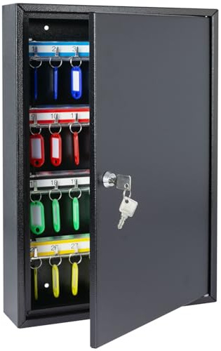 HMF Armadietto portachiavi in acciaio, Cassetta portachiavi con serratura per ufficio, amministrazione o parco veicoli | 64 ganci portachiavi | 45 x 30 x 8 cm | Nero