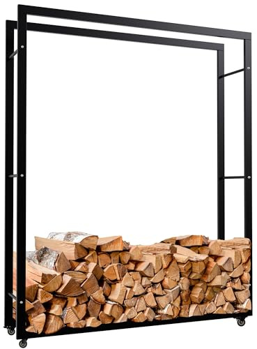CLP Kaminholzständer Keri mit Rollen I Kaminholzregal aus schwarzem Metall I Aufbewahrung für Brennholz, Farbe:schwarz, Größe:25x125x150 cm