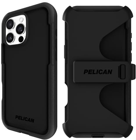 Pelican Voyager iPhone 16 Pro Max Case [Compatible with MagSafe] Rugged Phone Case w/ 18ft Military-Grade Drop Protection - Heavy Duty Phone Cover w/Belt Clip Holster for iPhone 16 Pro Max - Black