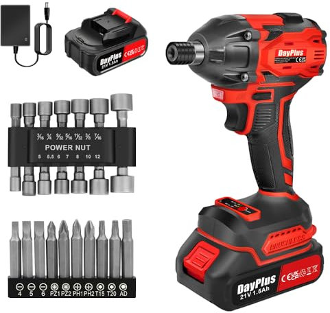 Qimu Cordless Impact Wrench Brushless 1/2Inch Driver, 450N.m High Torque Power Impact Gun with 21V/1.5Ah Lithium Battery 2500 RPM, 14 Impact Sockets Set, 12 Screwdriver Bits, Electric Impact Wrench