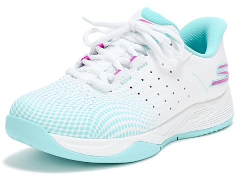 Skechers Women's Viper Court Reload Hands Free Slip-Ins Pickleball Sneaker, White/Turquoise/Pink, 8.5