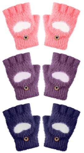 Geyoga 3 Paar Kinder Halbfinger Handschuhe Herzmotiv Fäustlinge mit Knopf Klappe(Lila, Marineblau, Rot,8-12 Jahre)
