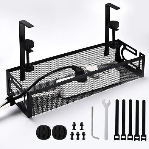 Under Desk Cable Management, No Drill Wire Organizer, Metal Desk Cable Tidy with Side Opening, Clamp Mount Cable Tray for Home/Office, (Black Cable Tray)