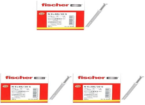 fischer - Cheville à frapper N 6 x 60/30 S à collerette fraisée et clou en acier électrozingué/Boîte de 50 (Lot de 3)