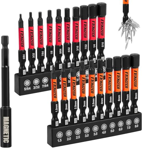 LOZAGU 21-Piece Allen Key Drill Bit Set, S2 Alloy Steel 50mm Impact Hex Drill Bit Set, 1/4 Hex-Shank 2 Impact Allen Key Bits Set with 6omm Bit Holders