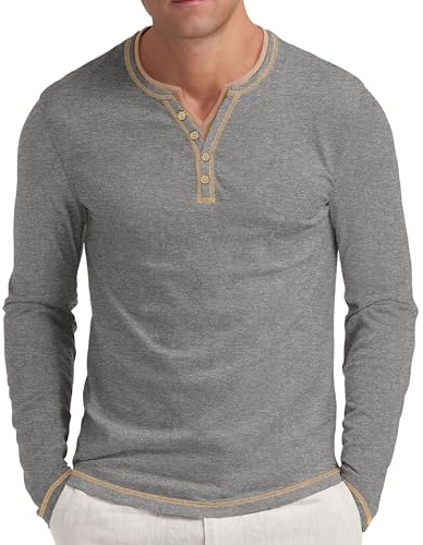 NITAGUT Mens Long Sleeve Shirts Front Placket Washed Soft Classic T-Shirts | Mens Henley Shirts Lightweight Front Placket Color Blocking Line Casual Classic Tees for Man Basic Daily Comfy Working