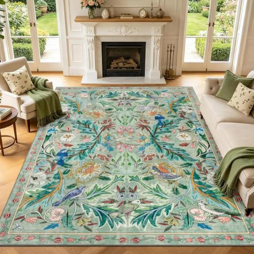 TUKDAK Washable Area Rug for Living Room Green 160×230cm, Boho Soft Bedroom Rug Non-shedding Non-slip, Short Pile Animal Floor Carpet for Kitchen Office Bathroom Kids Nursery Room