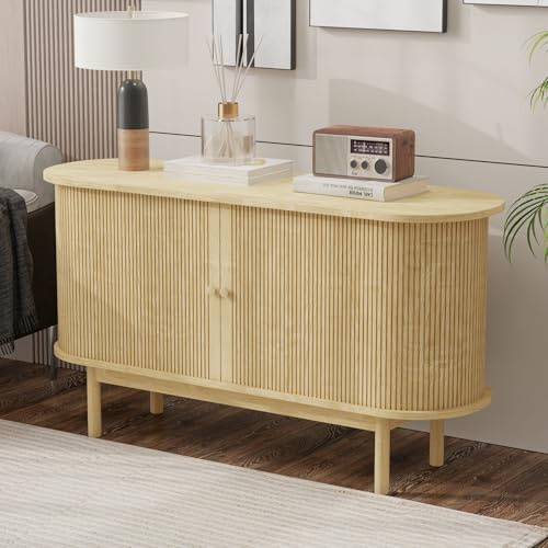 Latten Sideboard, Kommode mit Lamellen-Optik Schiebetüren, Anrichte mit Beine und Griffe, Highboard mit Verstellbare Einlegeböden, Wohnzimmerschrank für Wohnzimmer, Küche, 138x43x75cm, Eiche (Eiche)