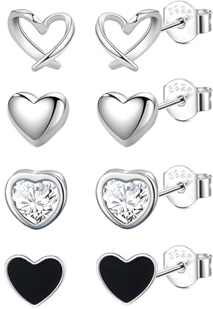 Hinvan Pack de 4 Pendientes Plata de Ley 925 para Mujer Niña Hipoalergénicos Pendientes Corazon Plata Pequeños con Circonita Diamante Aretes de Mujer