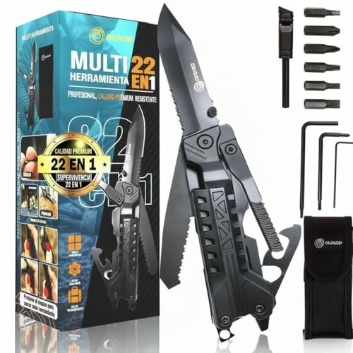 Ololop® | Navaja Multiusos 23 en 1 | Multiherramienta de Supervivencia con Funda | Cuchillo Táctico Materiales Resistentes - Pedernal - Camping Regalo Original para Hombres