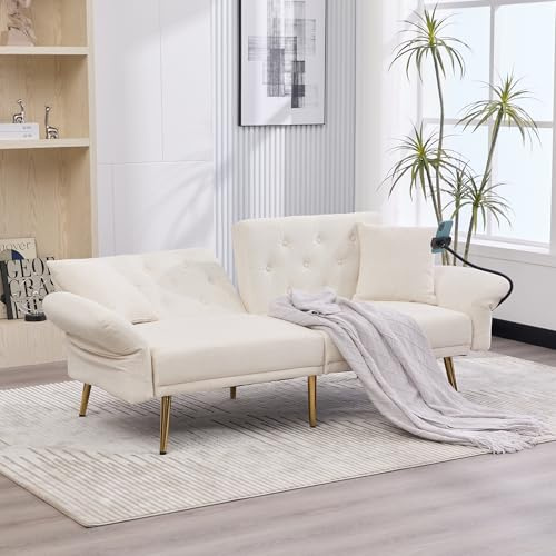 Ausziehcouch mit Schlaffunktion, 2 Sitzer Schlafsofa, Personen mit Verstellbarer Rückenlehne, zwei USB-Anschlüsse, Ausziehbares Sofa als Sitzmöbel oder Gästebett (Beige + Chenille + 2 Seat + Foam)