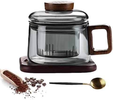 PORFOYO Taza de té de cristal con tapa y colador, tazas de té de 200 ml con mango de madera, vasos de té, taza de té de vidrio de borosilicato, taza con posavasos de madera para té floreciente y