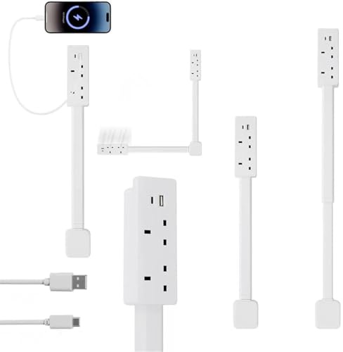 Hanzete Power outlet extender Accesses hard-to-reach outlets Features USB-A, USB-C and 2 AC outlets Extends approximately 19.49-28.15 inches 180° rotatable for Use Behind Sofas, Desks U.K. Standard