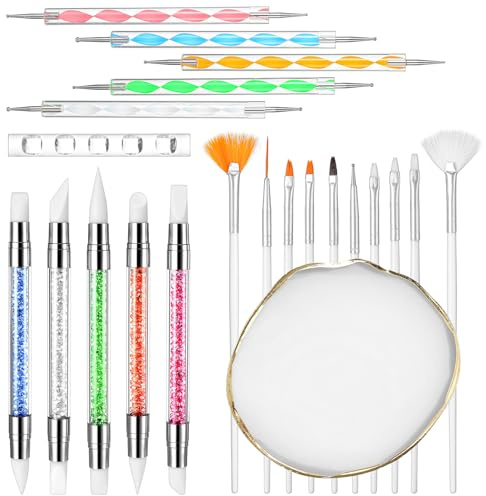 27Pcs Nail Art Tools with 1 Nail Art Palette 15Pcs Nail Art Brushes Double Ended Nail Design Liner Brushes Nail Dotting Tool Nail Painting Kit For Nails Art DIY Home