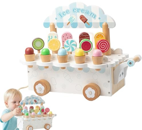Ice Cream Shop Playset - Wooden Cart Pretend Imaginative Game, Learning Toy, 28-Piece Role Play Set, Scoop & Stack Cones, Educational Gift For Boys Girls Age 3-6 Birthday Party Supermarket