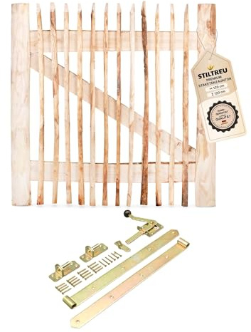 STILTREU Premium Staketenzaun-Tor Set (feuerverzinkt, gelb) aus Edelkastanie (genagelte Ausführung) Breite 120 cm x Höhe 120 cm