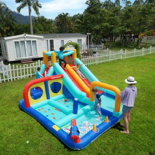 Castillo hinchable para niños con soplador, parque acuático XXL con doble tobogán, pared de escalada, pistola de agua y piscina, castillo hinchable hinchable al aire libre para jardín, de 3 a 8 años