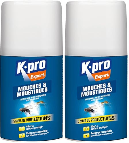 K.PRO Recharge pour diffuseur automatique mouches moustiques, 250 ml, 5 mois de protection, Formule concentrée, Protège jusqu'à 40 m², Élimination totale (Lot de 2)