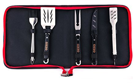 Gizzo Grill Zubehör, Grillbesteck 5-Set aus Edelstahl mit Holzgriffen, Grillzange, Grillwender, Grillgabel, Grillbürste & Grillmesser