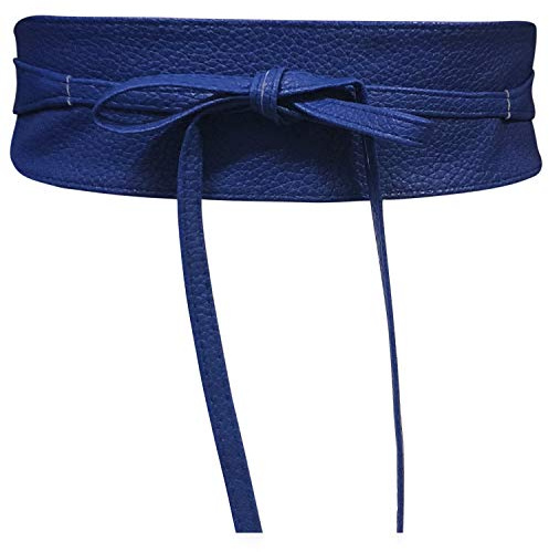 Cinturón Obi de mujer Banda de cintura ancha de encaje Cincha de cuero sintético Ate una talla Boho (Cuero Azul)