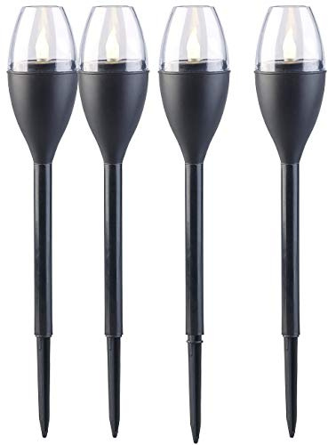 Lunartec Solarfackeln: 4er-Set Solar-Akku-Gartenfackeln, LED in Flammen-Optik, Flackerlicht (Flammen Solarleuchten, Gartenfackel Solar, Mini)