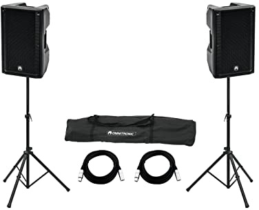 OMNITRONIC Set 2x XKB-212A + Boxenhochständer MOVE MK2 | Aktiv-Boxen-Set mit 2x XKB-212A, 2x Boxenhochständer inkl. Tasche, 2x XLR-Kabel