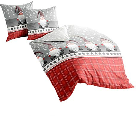 Traumschlaf Biber Bettwäsche Wichtelmännchen – warme Winterbettwäsche aus 100% Baumwolle – flauschig weich & atmungsaktiv – Weihnachtsdesign mit Wichteln und Sternen – 155x220 cm + 80x80 cm