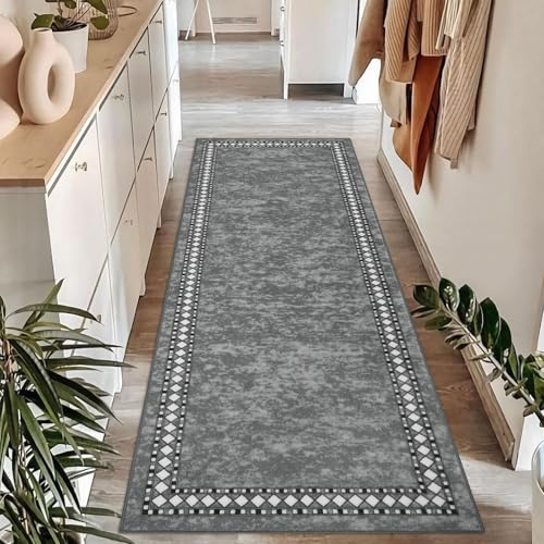 Homcomodar Runner Rugs for Hallways Grey 65x180 Non Slip Extra Long Hallway Runners Nylon Kitchen Runner Washable Low Pile Carpet Runners for Hallway Kitchen Entryway