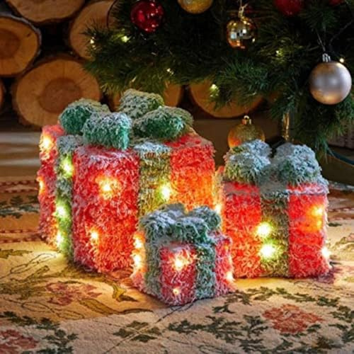 Marco Paul Set of 3 Light Up LED Boxes - Battery Operated Red Christmas Decorations - Pre-Lit Xmas Decor for Tabletop, Christmas Tree Decorations