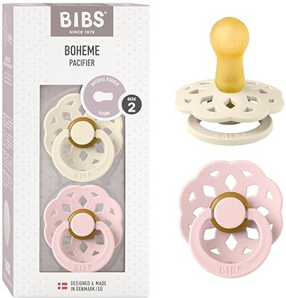 BIBS Boheme Soother 2-Pack. BPA Free, Round Nipple. Natural Rubber Latex, Made in Denmark. Size 2 (6-18 Months), Ivory/Blossom