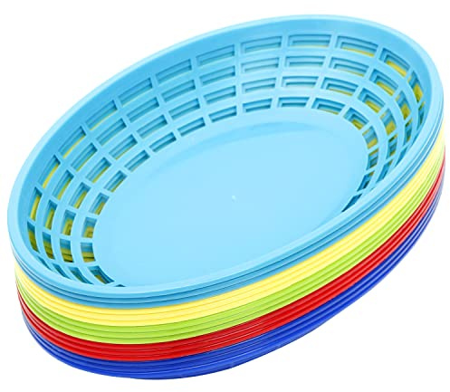Youngever 15 Pack Reusable Plastic Fast Food Baskets, Assorted Rainbow Colors, Modern Style, Oval Food Baskets, Set of 15
