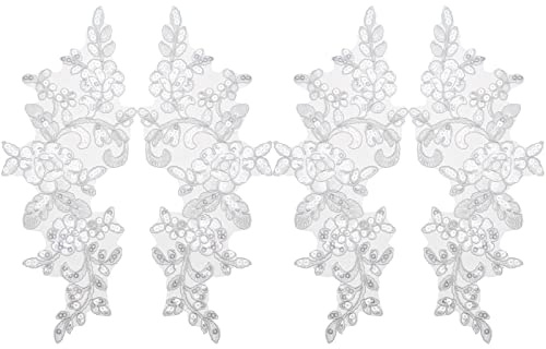 OTOTEC 2 Paar Stickerei Pailletten Spitze Applikationen Spiegel Paar Aufnäher Blume Stoffkragen Patch für Motiv Hochzeitskleid Kleid Brautkleid DIY Handwerk Weiß