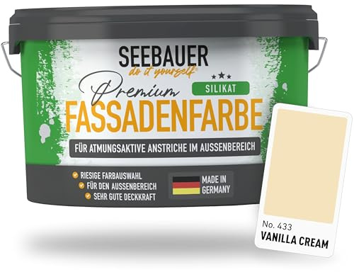 SEEBAUER diy Silikat-Fassadenfarbe Beige 10L für Außen (No. 433 Vanilla Cream) Atmungsaktive Mineralfarbe für Fassaden - Geeignet für Putz, Mauerwerk und Beton