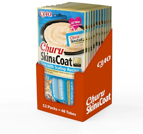INABA Churu Skin & Coat - Pürierte Katzenleckerlis mit Thunfisch und Jakobsmuschel - Omega 3 & 6 und Taurin - Felinen Snacks, Cremige Textur - Futter für Katzen, Haut & Fell - 48 Tuben x 14g | Weicher, cremiger und leckerer Snack, cremiger Topper für Lebensmittel, natürliche Inhaltsstoffe, ohne Getreide