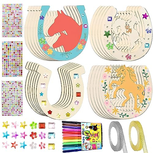 41 Stück Hufeisen aus Holz Bastelset, DIY Unfertiges Holz Malen Holzbastel | Aquarellstifte, Glitterbänder, Edelsteinaufkleber, Holzbastelsets für Kindergeburtstag Basteln und Kinder DIY Malen