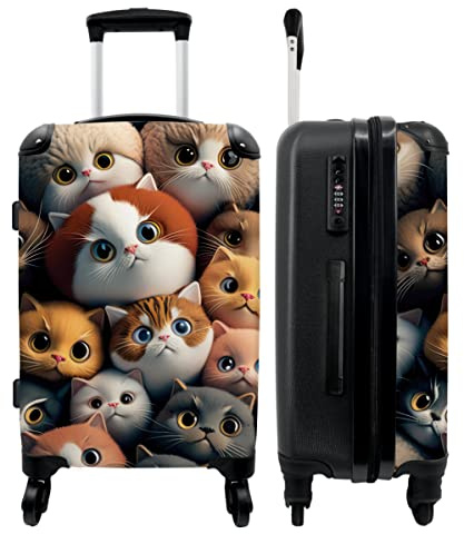 NoBoringSuitcases.com® Koffer groß Trolley Rollkoffer Reisekoffer mit 4 Rollen Fotokoffer - Katze - Design - Braun - Grau - Kinder - 67x43x25cm - 90 Liter