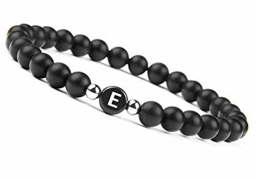 Armband Buchstabenperlen, Achat Armband Damen Schwarz Legierung Elastische Perlen mit Buchstaben E Perlenarmbänder Geschenke für Frauen 17cmx6mm