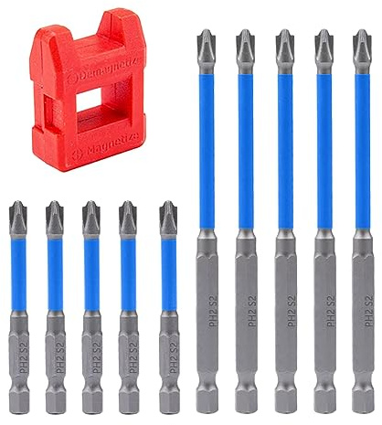 SeonFook 10PCS Magnetic Pozidriv Phillips Slotted Screwdriver Bit Set for Electricians 1/4 Inch Hex Shank PH2 Special S2 Steel Flat Slotted Phillips Cross Head Screw Driver Drill Bits(65+110mm Length)