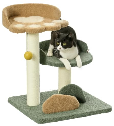 PawHut Árbol Rascador para Gatos Pequeño de 52 cm 43x39x52 cm Multicolor | Torre para Gatos, Centro de Actividades para Gatitos, con Cama, Poste de Sisal y Bola Colgante