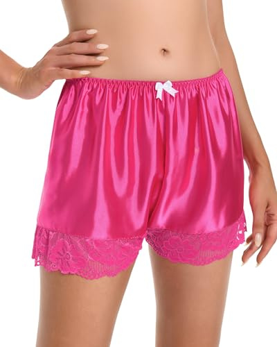 Satini Women's Lingerie Lace Briefs Panties French Knickers Satin Shorts (Hot Pink, L)