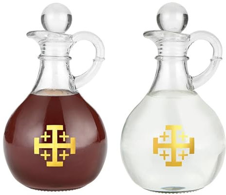 Needzo Jerusalem Cross Cruet Set, Oil and Vinegar Bottle Dispensers, Catholic Church Supplies, 6.5 Inches