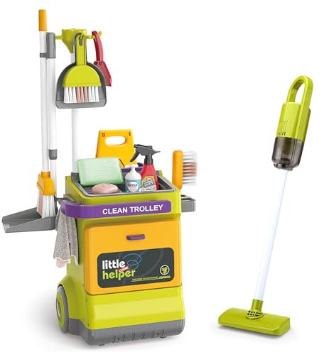 NaXew Kids Cleaning Trolley Set Includes Real Working Vacuum Cleaner, Dustpan, Brush, Broom, Spray Bottle and more