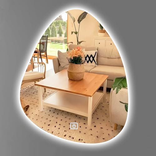 Unregelmäßiger LED-Spiegel, Asymmetrischer Tropfenförmiger Badezimmerspiegel Mit LED-Leuchten, Wandspiegel, Kosmetikspiegel, 3 Farben Dimmbares Licht, Smart Touch Switch(Size:50X70CM,Color:Stil A)