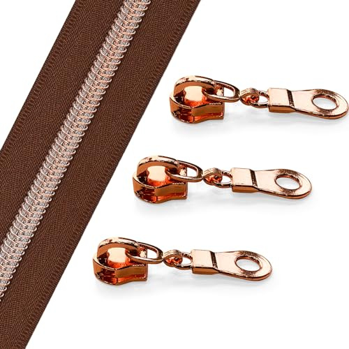 Sawoake Nylon-Koilschnürreißverschluss 9.1 Meter Fassung, #5 Braun mit Roségoldzähnen, enthält 10 Stück Gleiter für DIY-Nähen, Handarbeiten, Taschen, Bekleidungsreparatur (#5 Roségold braun)
