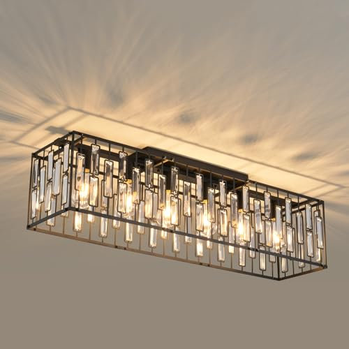 JIINOO Moderno Lampadari Di Cristallo Plafoniera, 6 Luci Lampadari Nero Plafoniera, Classici Lampadario Rettangolare Per Soggiorno Cucina Corridoio, E27