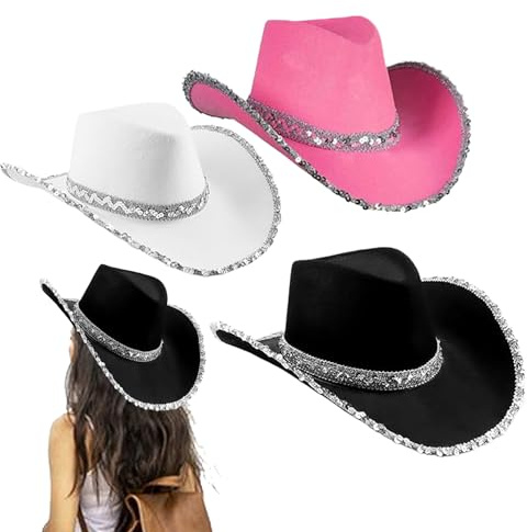 Chapeau de cowboy pour femmes hommes, 3pcs Cowgirl Hat avec paillettes, chapeau de cowboy pour dames avec sangle ajusté, chapeau occidental pour la fête de célibataire, accessoires de fantaisie Cowbo