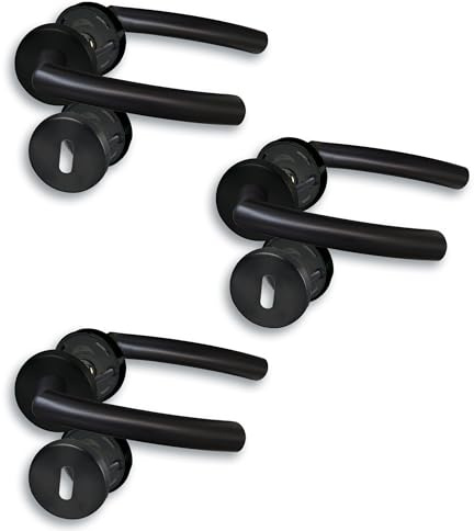 Rosettengarnitur II Türbeschlag im 3er Set, Edelstahl schwarz für 3 Zimmertüren mit Buntbartlochung, Cliprosette Ø52mm, Türklinke, Türgriff