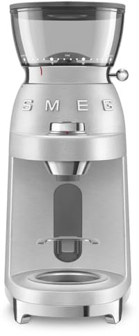 Smeg, Macinacaffè CGF02SSEU, Macinatura Regolabile, 50 Step di Macinatura, Contenitore Chicchi di Caffè da 240g, Funzione Caffè Singolo e Doppio, Sistema Antistatico, 150W, Alluminio