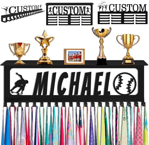 Xiuyours Porta medaglie Personalizzato con Ganci per Nome, espositore per premi e Nastri, da Parete, per Ginnastica, corridori, Ragazzi, Ragazze, Bambini, Regalo Sportivo, espositore per medaglie in